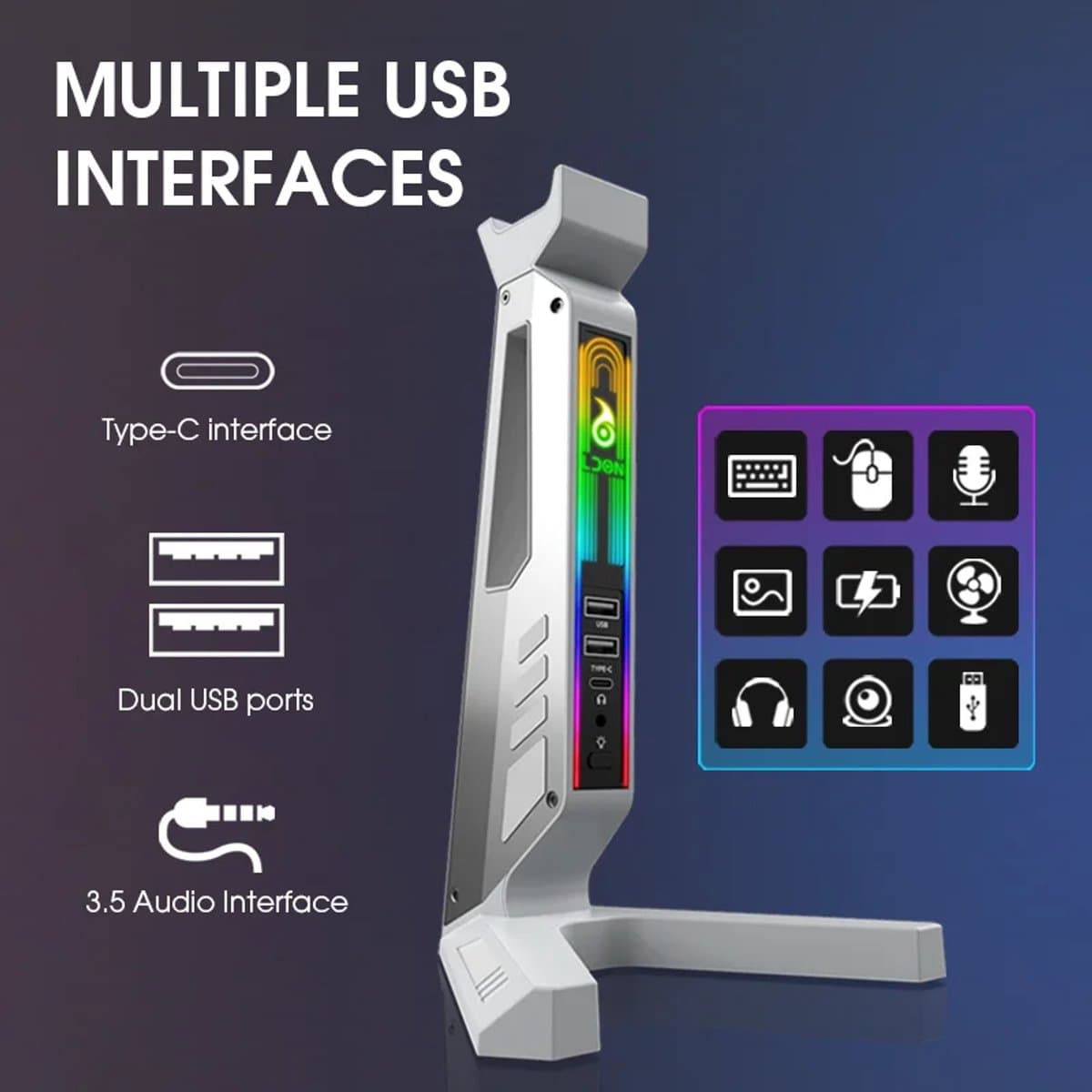 Headset Stand - Koptelefoonhouder - Standaard - 11-modi LED USB- Kabel Organizer- wit — afbeelding 1