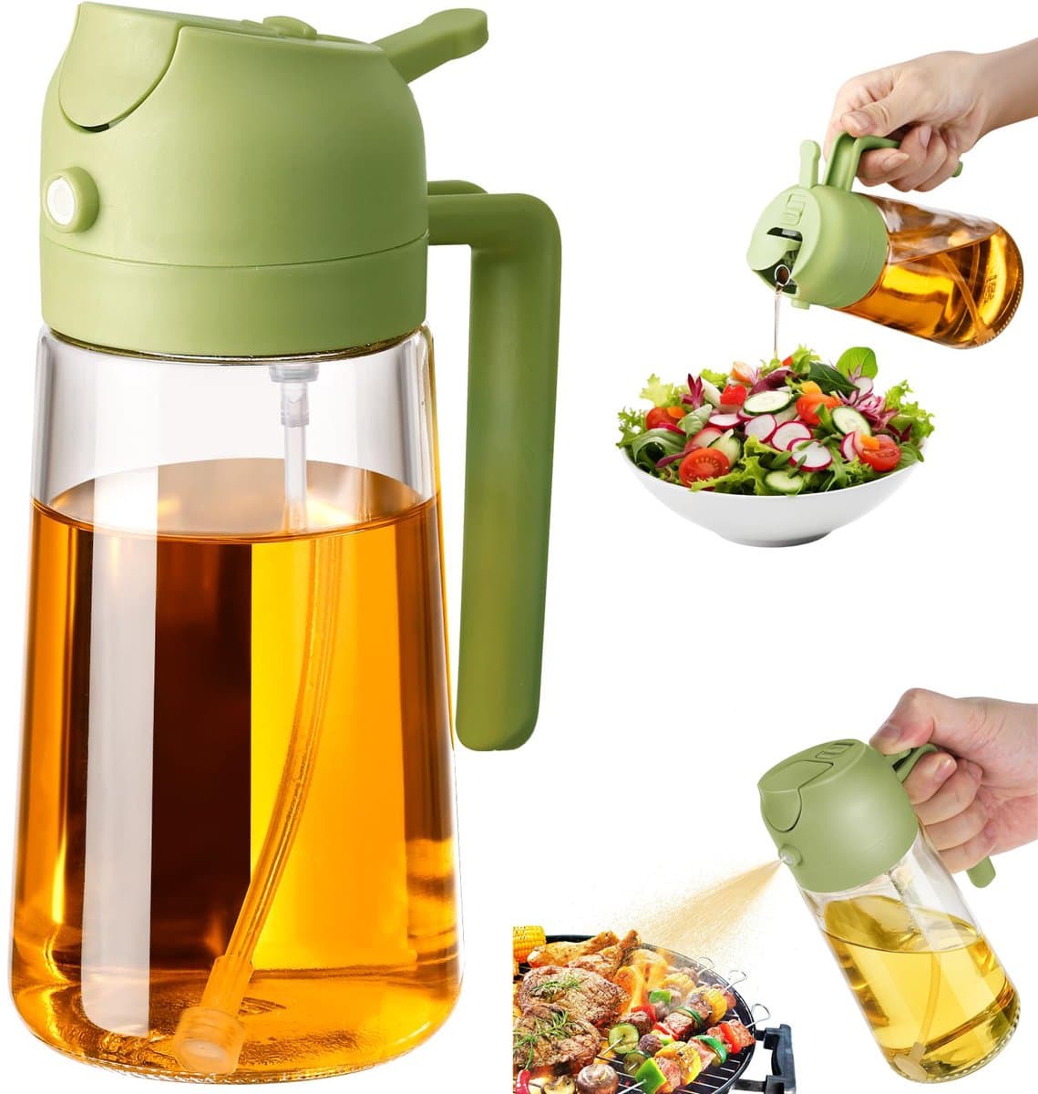 Olieverstuiver - Olieschenker - Olieschenker en sproeier 2 in 1 - Handig - Handmatig openen en sluiten van de schenktuit - Fijne oliespray - Gemakkelijk mee te nemen - Geschikt voor keuken, airfryer, koken, salade, barbecue - Groen — afbeelding 1
