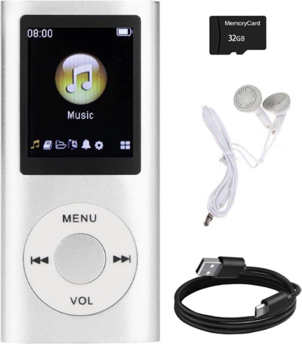MP3 Speler met Bluetooth - Incl. 32GB SD Kaart - Digitaal 1,8-inch LCD-scherm - USB - FM-radio - Spraakrecorder - E-book - Dicatafoon - Ideaal voor Sport, Kinderen en Volwassenen - Zilver — afbeelding 1