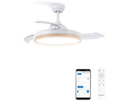 Plafondventilator met Licht en Afstandsbediening, Houtkleurige Design, 108 cm, Stille 40 W Motor, Intrekbare Bladen, 6 Snelheden, Timer en Wifi