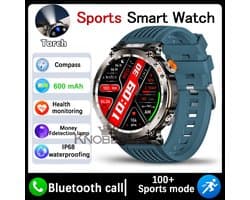 Knobbout 1.7" Outdoor Smartwatch – Digitale Kompas - LED & UV Licht -600mAh batterij - Bluetooth Bellen- IP68 Waterdicht -AI Spraakassistent - Gezondheid & Sportfuncties -Blauw Siliconen Band