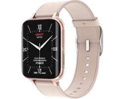 DrPhone CurvX - 3D Pixel Scherm - Smartwatch 44mm - 1.78 Inch 420*485 - ECG Fitness Tracker Hartslag - Leder Goud