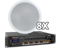 Power Dynamics 100V Bluetooth geluidsinstallatie met 8 plafondspeakers voor kantoor, praktijk, restaurant, etc. - 4 apart regelbare zones!