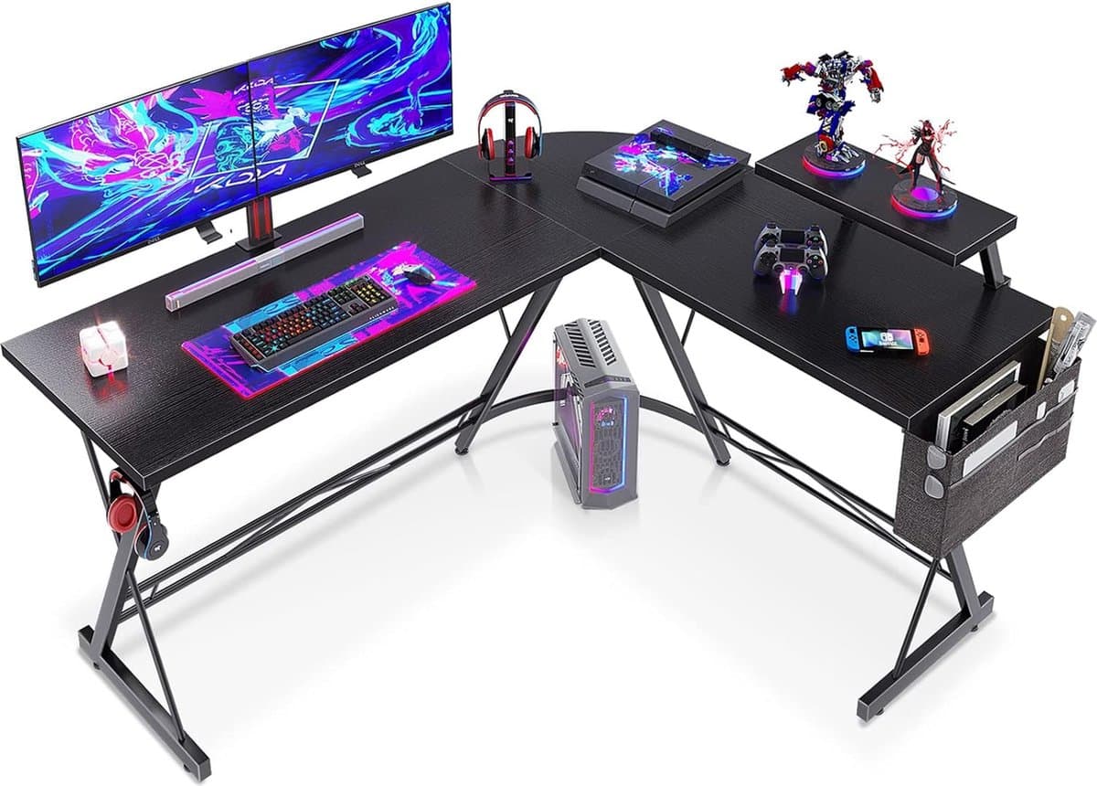 ODK speeltafel, bureau L-vorm, bureau zwart met ronde hoek, speeltafel met monitorplank, 147 x 120cm — afbeelding 1