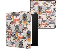 kwmobile e-reader hoesje geschikt voor Amazon Kindle Oasis 10. Generation hoes - E reader flip case met magnetische sluiting - Ereader cover - Pinguïn Ontwerp design in grijs / geel / bruin