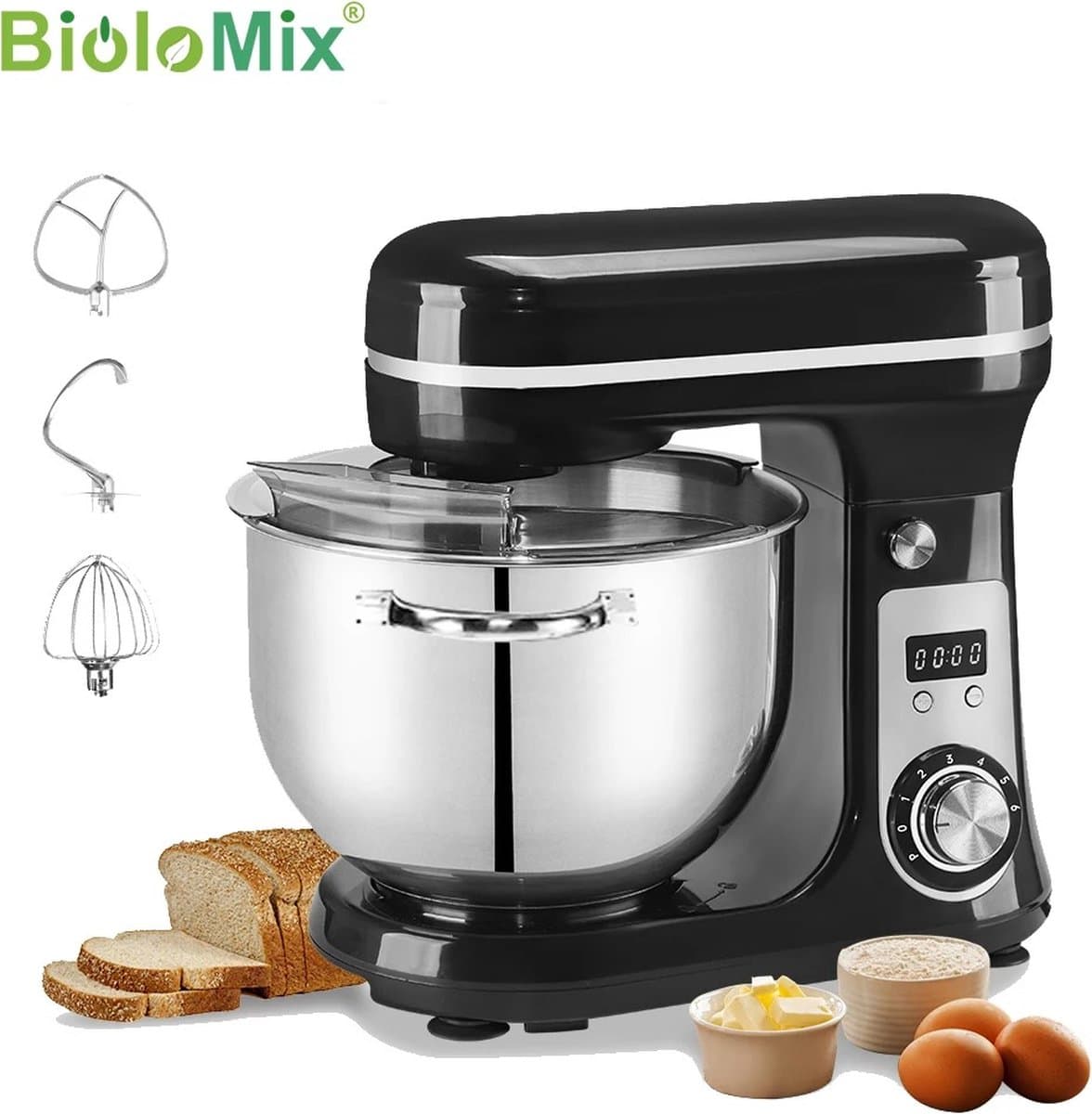 Biolomix keukenmixer - 6L - Roestvrijstaal - 6 verschillende standen - Keukenmachine - Inclusief accessoires - Zwart — afbeelding 1
