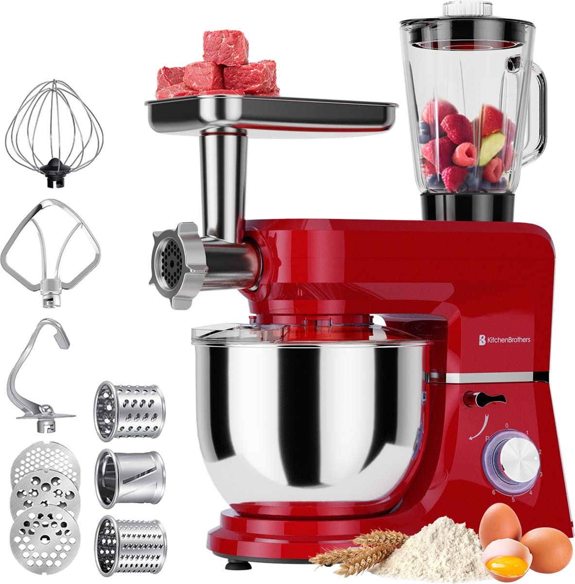 KitchenBrothers Keukenmachine - Keukenrobot - 6-in-1 Keukenmixer - Met Gehaktmolen, Blender en 15 Accessoires - 6,2L RVS Kom - Rood — afbeelding 1