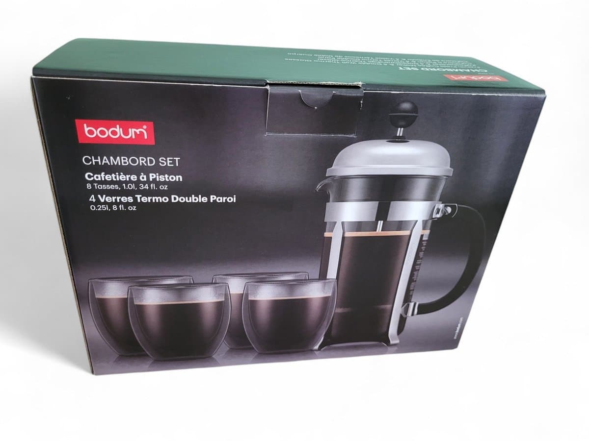 Luxe French press koffiezetapparaat - BODUM cafetière - 8 kopjes 1,0 l + 4 dubbelwandige PAVINA glazen 25 cl — afbeelding 1