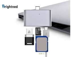 Brightned® USB-C Kaartlezer 4-in-1 – SD & MicroSD Geheugenkaartlezer – USB-C Card Reader voor iPhone 15, Android & Laptop – Plug & Play – Aluminium