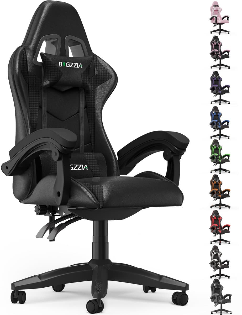 Bigzzia Gamingstoel - Ergonomische bureaustoel van PU-leer - In hoogte verstelbaar - Met lendenkussen en hoofdsteun - Comfortabele gamestoel voor volwassenen - Meisjes en jongens — afbeelding 1