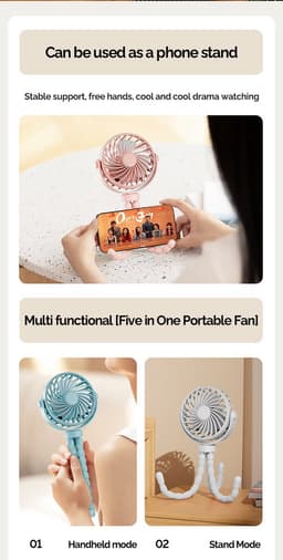 Handventilator - Draagbare Ventilator Oplaadbaar -Roze - Hand Tafelventilator Draadloos - Kinderwagen Mini Fan - 3 Standen - mini ventilator - festival ventilator - octopus ventilator — thumbnail 3
