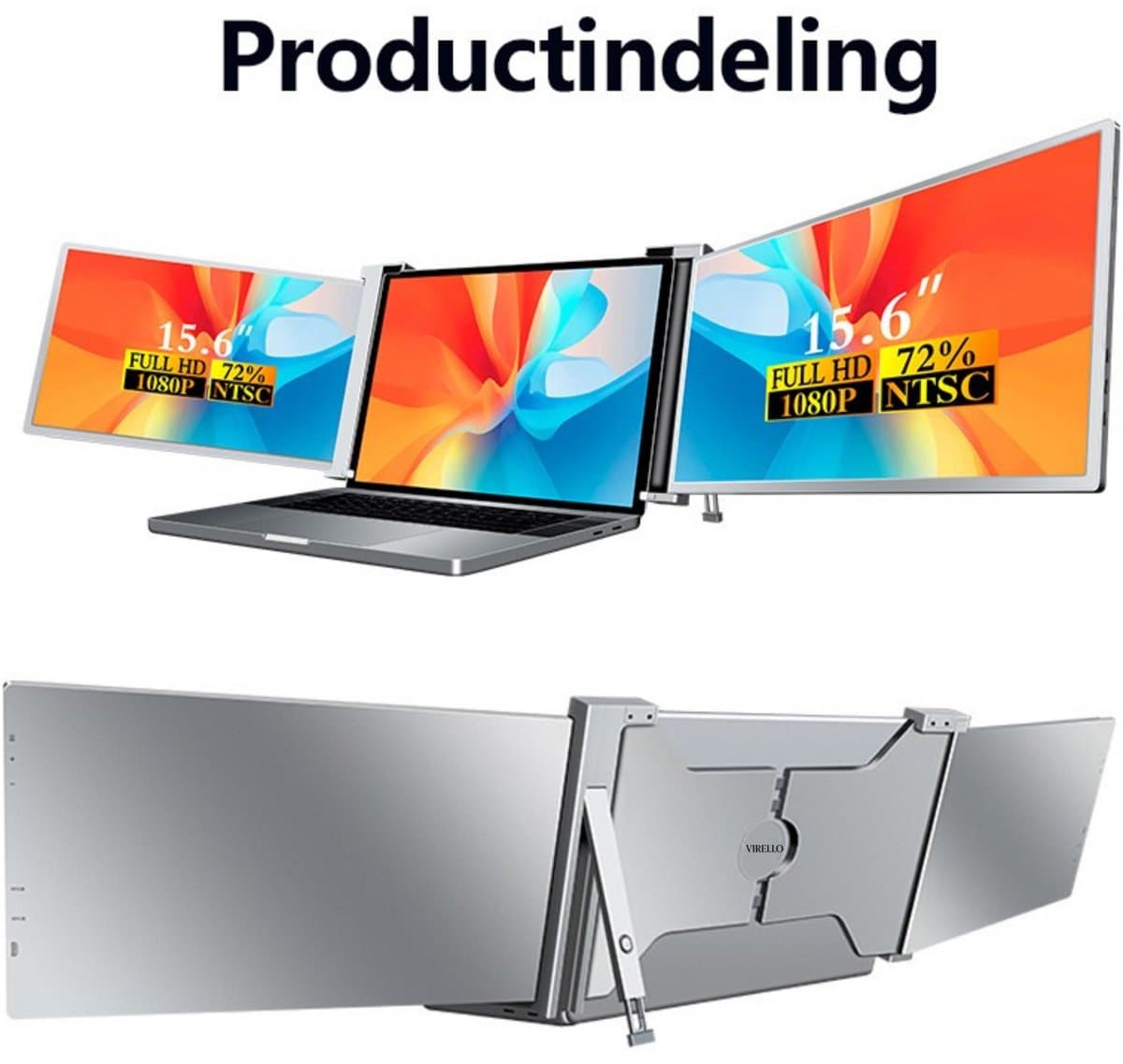 Virello® Portable Monitor Pro 2025 - 2x Full‑HD IPS 15,6″ scherm - Voor Laptops van 15.6" t/m 18.1" - Laptopscherm uitbreider - USB-C/USB-A & HDMI - Inclusief Hoes & Kabels - Grijs - 2 jaar garantie — afbeelding 1