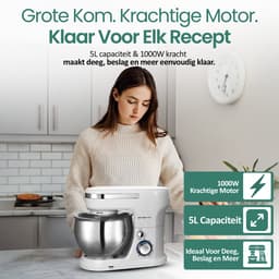 Emerio Keukenmachine 5 Liter - 1000W Keukenrobot - Foodprocessor - Keukenmixer met RVS Mengkom - 6 Snelheden - Inclusief Klopper, Deeghaak en Garde - KM-123117 Wit — thumbnail 4