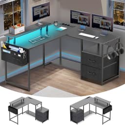 Gaming Bureau met LED Verlichting - 120x120x75cm - L-Vormig Game Bureau met Stopcontact - 2 Non Woven Lade - Gaming Desk - Computer Tafel - Gaming Tafel - Bureau voor Gamen, Studeren en Werken - Zwart — thumbnail 1