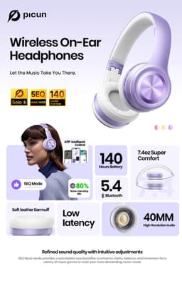 Picun Solo 6 – Draadloze Koptelefoon – Hoofdtelefoon – 140 uur Speelduur – Bluetooth 5.4 – Paars — thumbnail 4