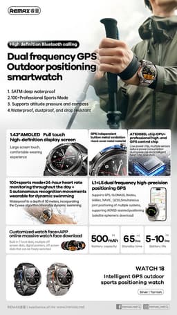Remax WATCH18 - SmartWatch - Intelligent GPS Outdoor Sports Positioning Watch - Zilver — thumbnail 2