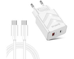 20W Snellader - PD 3.0 + QC 3.0 Dual-Port Reislader - Incl. 1 meter USB-C naar USB-C kabel - Compacte Adapter Lader - USB-C + USB-A - wit