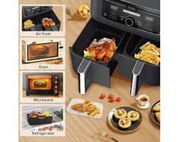 Airfryer-accessoires, Set van 7 geschikt voor Ninja Dual DZ201/401 & de meeste 8Qt-10Qt, bevat 2 duale airfryer-racks & 2 siliconen airfryer-liners & 2 siliconen handschoenen & 1 voedselklem