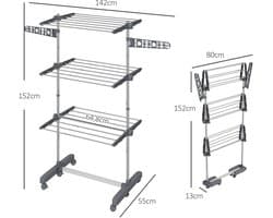 Pugsdrly Wasrek wasdroger. 4 niveaus, inklapbaar, one-click-systeem, 142 cm x 55 cm x 152 cm blauw + zilver