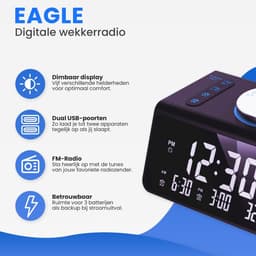 Eagle Wekkerradio - Digitale Wekker - met Dimbaar Display, Temperatuur en Dual USB — thumbnail 2