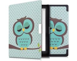 kwmobile e-reader hoesje geschikt voor Kobo Aura Edition 1 hoes - E reader flip case met magnetische sluiting - Ereader cover - Slapende Uil design in turquoise / bruin / mintgroen