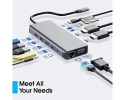 Docking Station met 2x HDMI 4K- USB C HUB 12 in 1- Ethernet, 4x USB, USB C opladen, Micro/SD card reader Hub – USB Splitter - Geschikt voor Apple Macbook en Windows laptop