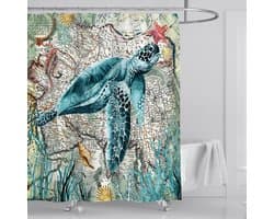 Floraweg Douchegordijn,Shower Curtain,badgordijn,badkamergordijn,Cartoon -stijl schildpadden in de zee , digitale printen -Anti Schimmel - Inclusief 12 ringen -met 12 stuks douchegordijnhaken – Waterdicht -Wasbaar- Polyester - 180x200 cm