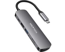 GREYTECH USB C HUB 6 in 1 - met / naar HDMI 4K, 2x USB 3.0 (thunderbolt), USB C opladen, Micro/SD card reader Hub – Docking station - Geschikt voor Apple Macbook Pro / Air, Lenovo, Samsung - Spacegrijs