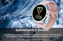 Belesy® BQSiRgPk Pro - Smartwatch Dames – Smartwatch Heren - Horloge - 1.28 inch - Kleurenscherm - Stappenteller - Bloeddruk - Hartslag - 75+ Wijzerplaten – Sporten – Zilver – Siliconen – Roze – extra polsband Panterprint - Kerstcadeau — thumbnail 4