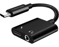 YAOMAISI Q17 12 cm 2,4 A-uitgang 3,5 mm vrouwelijk + USB-C / Type-C vrouwelijk naar USB-C / Type-C mannelijk opladen + audio-adapter, voor Galaxy S8 & S8 + / LG G6 / Huawei P10 & P10 Plus / Oneplus 5 / Xiaomi Mi6 & Max 2 en andere smartphones (zwart)