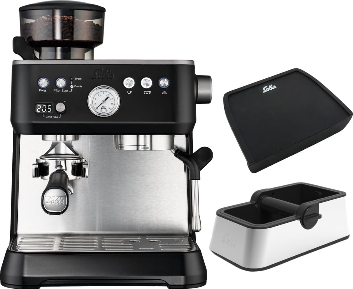 Solis Grind & Infuse Perfetta 1019 - Pistonmachine - Espressomachine met Koffiemolen - Inclusief Coffee Knock Box en Tamping Mat - Zilver — afbeelding 1