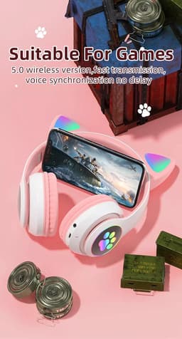 Kinder Hoofdtelefoon-Draadloze Koptelefoon-Kids Headset-Over Ear-Bluetooth-Microfoon-Katten Oortjes-Led Verlichting-Blauw — thumbnail 4