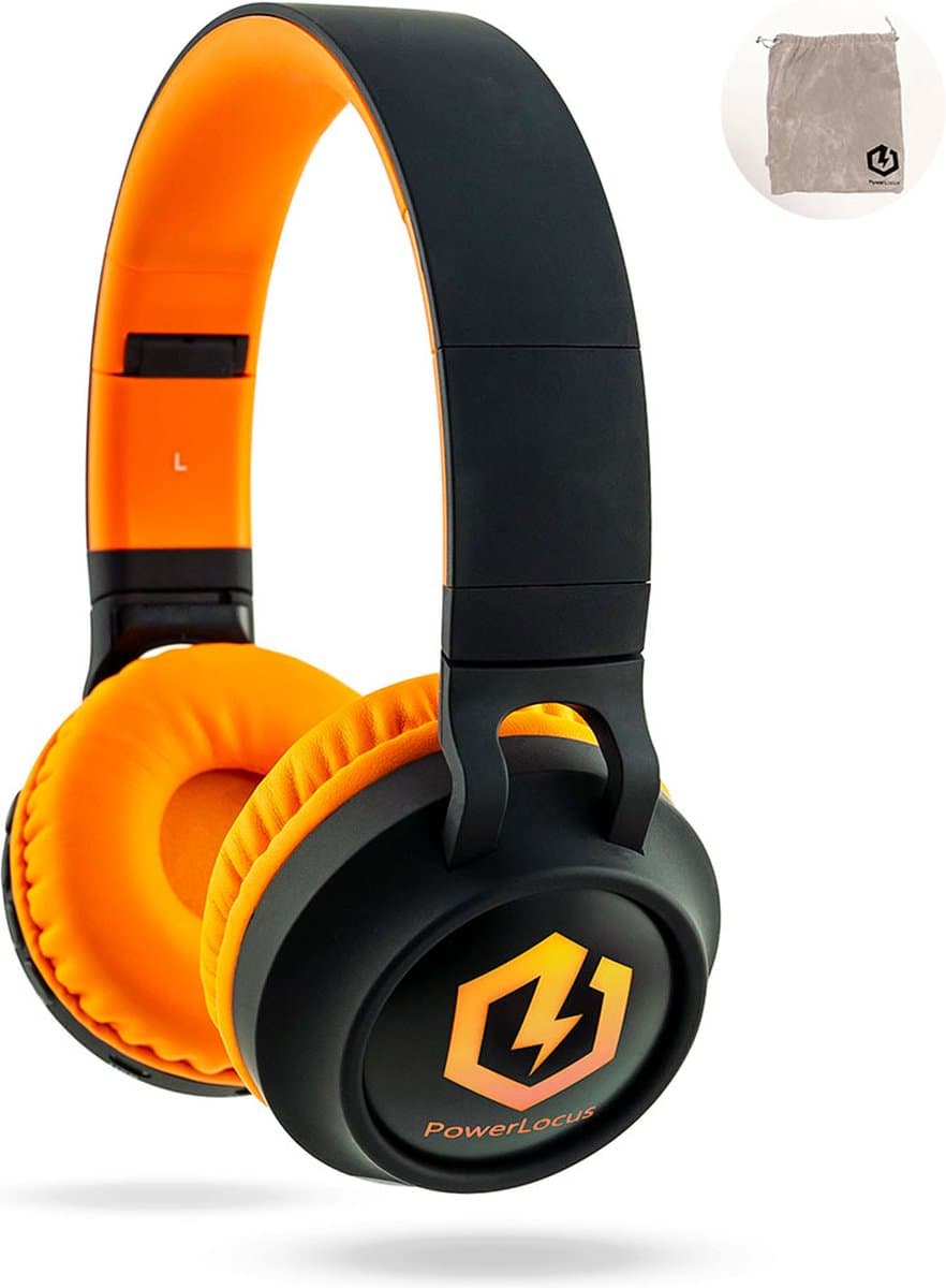PowerLocus Buddy Draadloze On-Ear Koptelefoon voor Kinderen, LED lampjes, 85db Limiet, met Microfoon, Micro SD poort - Upgrade Zwart/Oranje — afbeelding 1