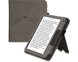 kwmobile e-reader hoesje geschikt voor Tolino Vision 6 hoes - E reader flip case van kunstleer - Ereader cover met stand - Kat Miauw design in grijs