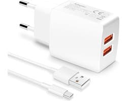 Phreeze 12W USB Oplader met 2 USB-A Poorten + USB naar Type C Kabel 1 Meter - 12 Watt - Voor Tablet, Smartphone, GSM, Mobiele Telefoon, Draadloze Oordopjes, Smartwatch