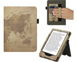 kwmobile e-reader hoesje geschikt voor Amazon Kindle Paperwhite 11. Generation 2021 hoes - E reader flip case van kunstleer - Ereader cover met stand - Vintage Travel design in bruin / lichtbruin