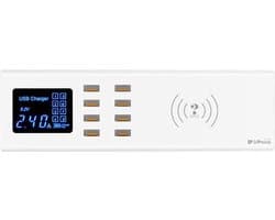 DrPhone SmartC3 8-Poorts USB Laadstation met Draadloos Laden 15W Max – 40W – Led Display – 5V/8A Totaal – EU Stekker – Wit