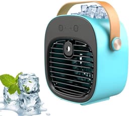 Mini airconditioner - Kleine airconditioner - Oplaadbare persoonlijke luchtkoeler - Mini airconditioner met drie snelheden - Mini watergekoelde luchtkoeler - Stille tafelventilator voor thuis, slaapkamer, op reis, op kantoor, binnen en buiten - Blauw — thumbnail 1