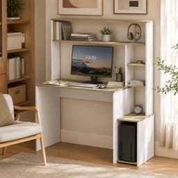 Computerbureau, 114 x 45 x 138 cm, bureau met opbergruimte, open planken en pc-houder, wit en naturel hout — thumbnail 1