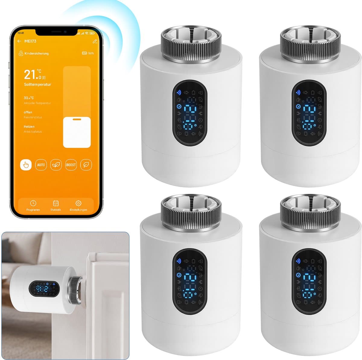 Slimme Thermostaatkraan voor Radiator – WiFi, App en 6 Modi – Wit – 4-pack — afbeelding 1