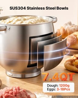 VEVOR Multifunctionele Keukenmachine met Kantelbare Kop 7 liter 2-in-1 1000 W Rood, Mixer voor Deeg, Room, Beslag en Vlees, Kneedmachine met Mengkom, Deeghaak, Klopper en Garde — thumbnail 5