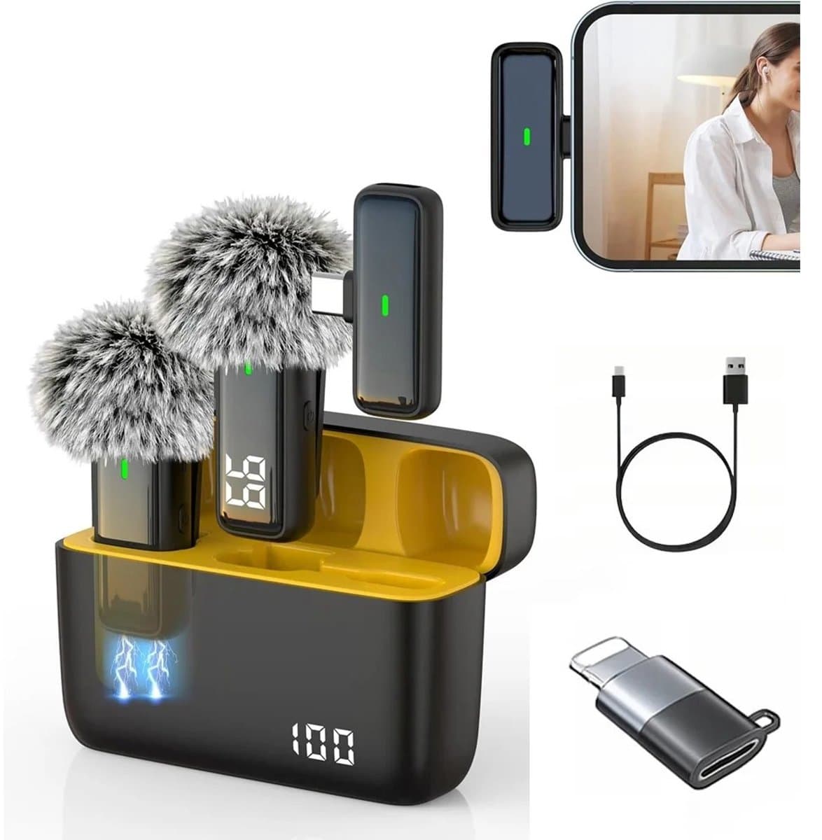 Veya Draadloze microfoon - Voor USB-C - Met iPhone adapter - Microfoon draadloos - Zwart - Ruisonderdrukking - Oplaadetui — afbeelding 1