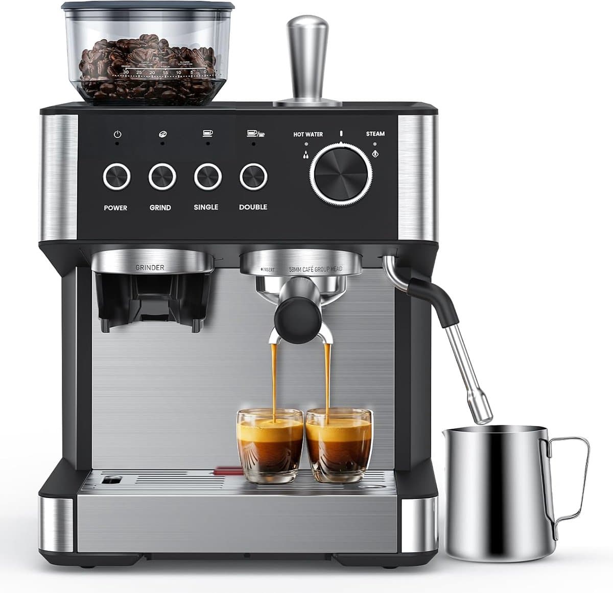 COWSAR Espressomachine (met molen en melkschuimer) – 15 bar pompdruk, 30 maalgraadinstellingen, snelle opwarming, 2,5 liter waterreservoir – geschikt voor thuis- en kantoorgebruik voor het maken van espresso, cappuccino en latte macchiato. — afbeelding 1