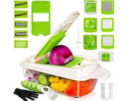 Multifunctionele Mandoline - Keukenmachine Groente - Maaltijd Voorbereiding - 19-in-1 Wisselbare Messen - 1.3 Liter Capaciteit - Groen Wit