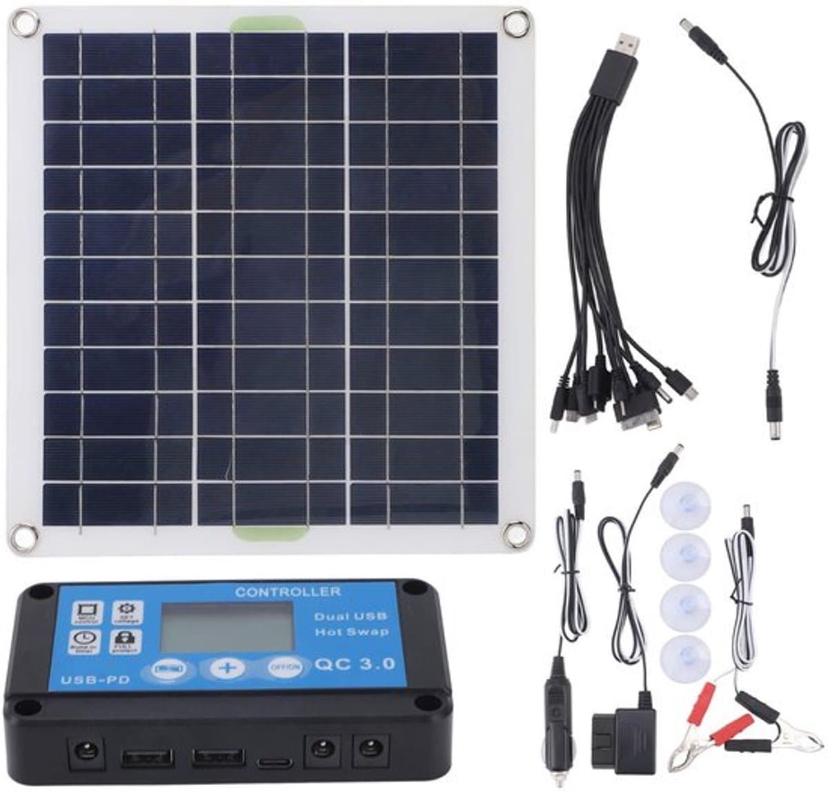 200W zonnepaneelset, efficiënte zonne-energieopwekking, veelzijdig en draagbaar, meerdere oplaadopties, blauwe controller OBD-stekker, snel opladen voor kamperen — afbeelding 1