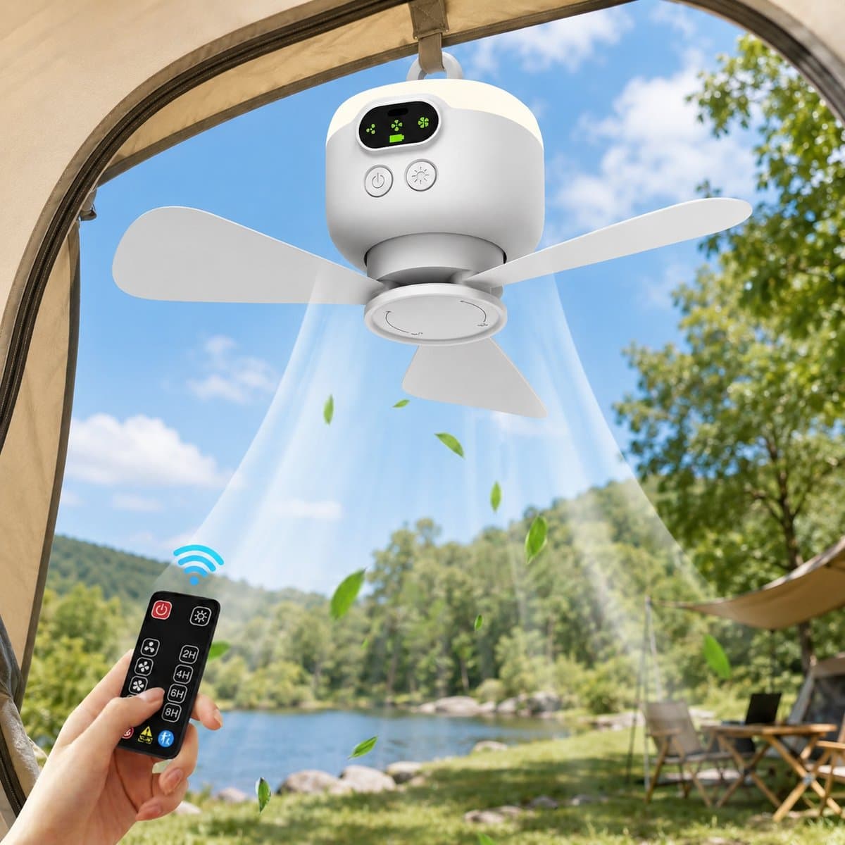 Lapamax Camping Plafondventilator met LED Lamp Ø27 cm – Oplaadbare 8000mAh Batterij – tent Ventilator met Afstandsbediening &Timer- 4 Snelheden& 3 Lichtstanden – ventilator camper Voor Tent, Camper, Caravan en Overkapping – Wit — afbeelding 1