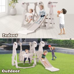 indoor babyglijbaan klim vrijstaande speelset met basketbalring & in hoogte verstelbare schommel (grijs) — thumbnail 5