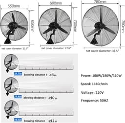 Industriële Wandventilator - Krachtige Ventilator - Luchtcirculatie Verbeteren - 120 Graden Oscillatie - 50-75 cm - Grijs — thumbnail 5