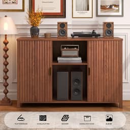 BROTTAR 47,2" platenspelermeubel bruin met geribbelde deuren, vinylplatenkast voor 7"/10"/12" LP's, 16 opbergvakken, stofvrije opberging, mid-century design voor woonkamer en muziekhoek — thumbnail 3