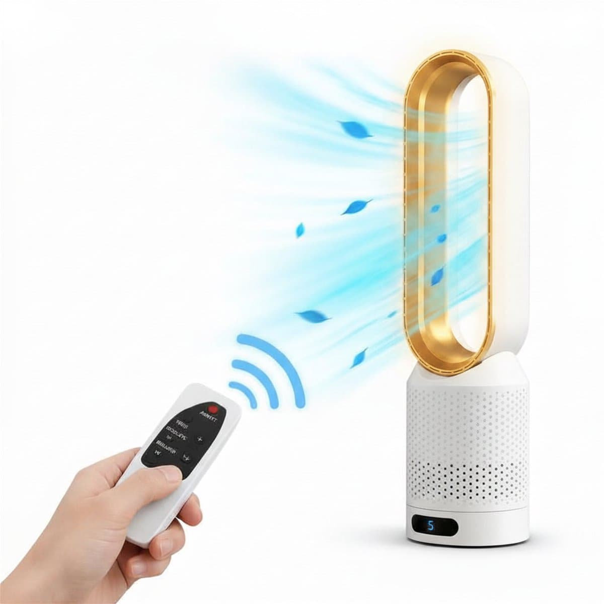 HomeGoodies Bladloze Ventilator met Afstandsbediening – Stil – 8 standen - 90° Oscillatie & Timer – Slaapkamer & Woonkame - Goud — afbeelding 1